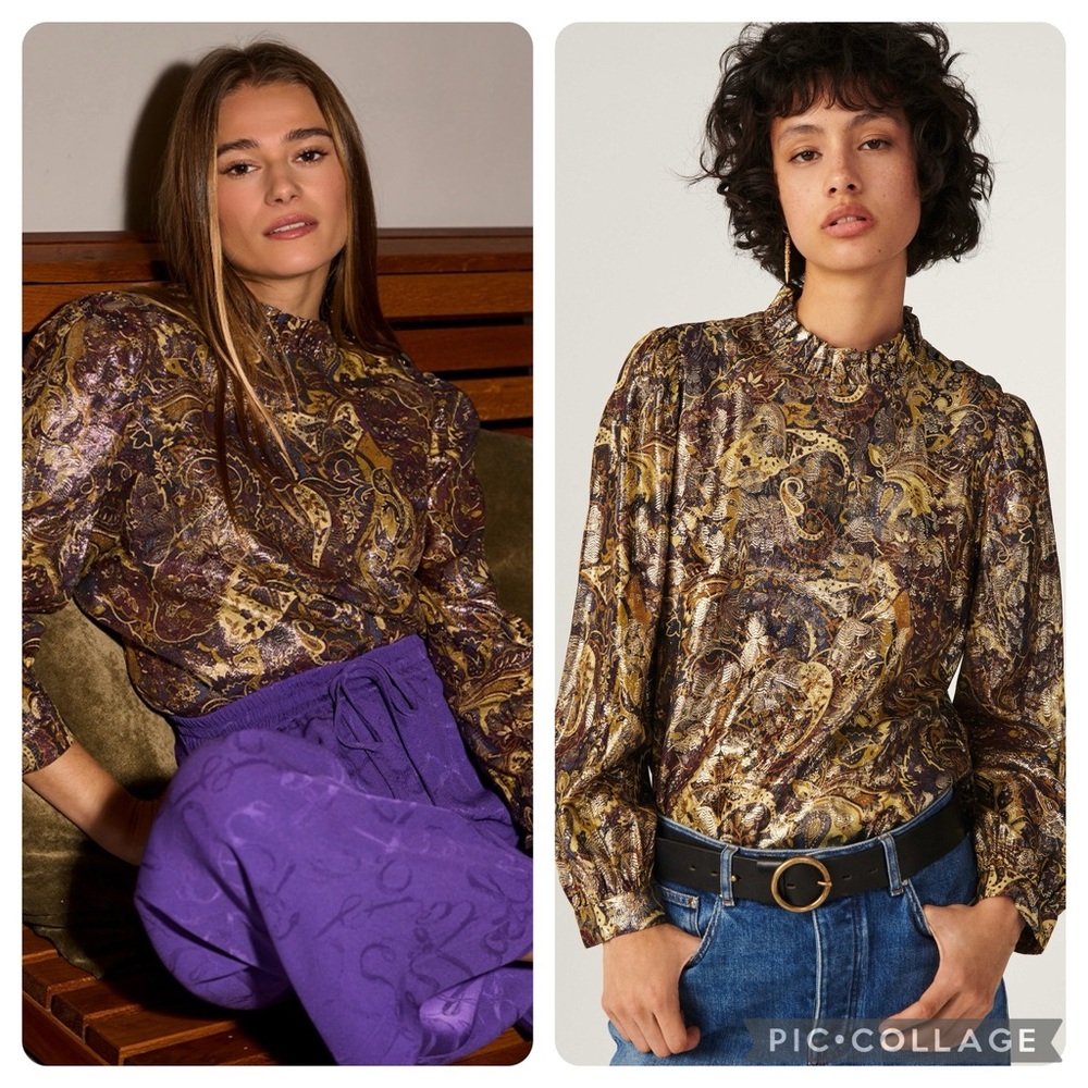 ba&sh “Calo” Shimmer Metallic Paisley Floral Print Top